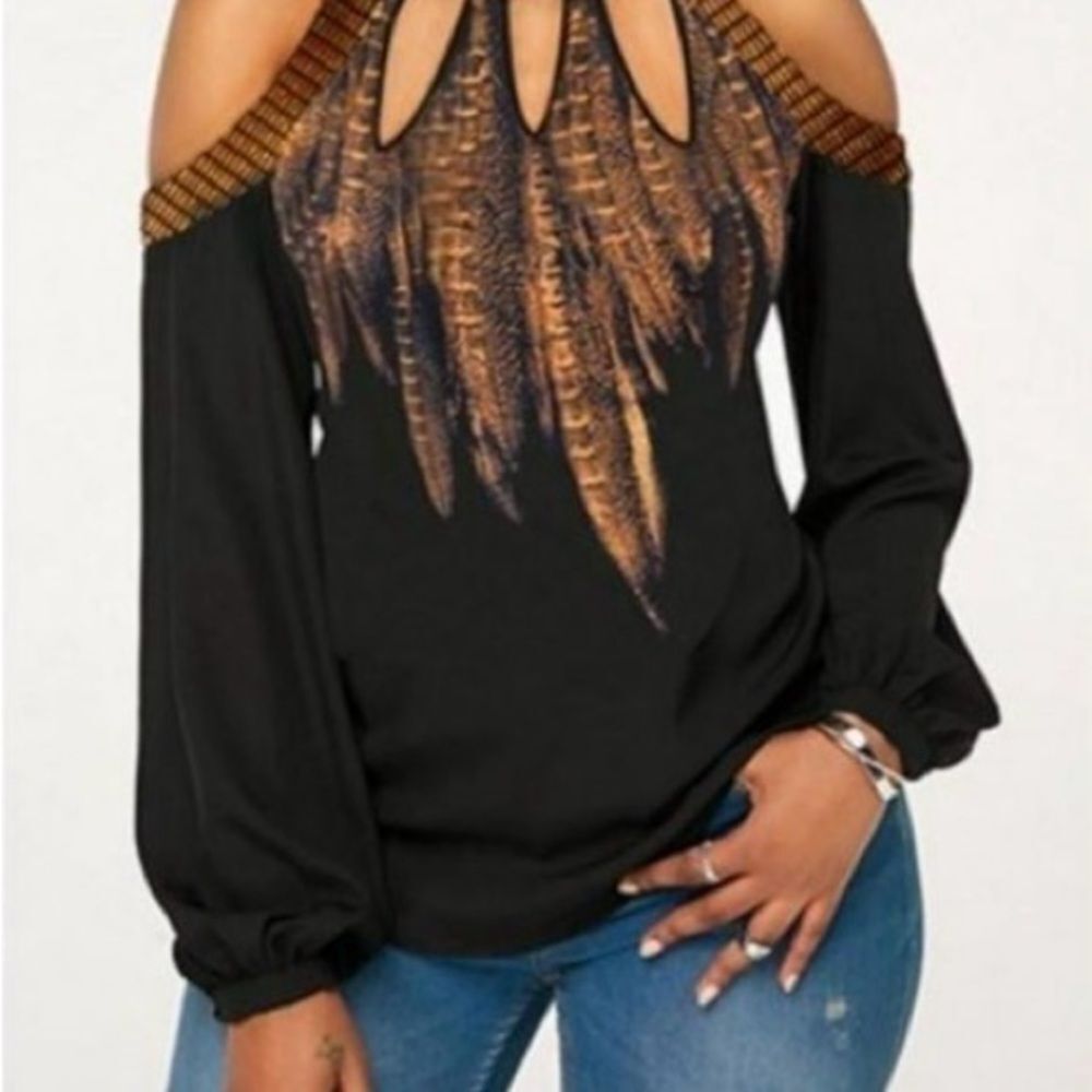 Chic Black and‎ Brown Off-Shoulder Women's Blouse
